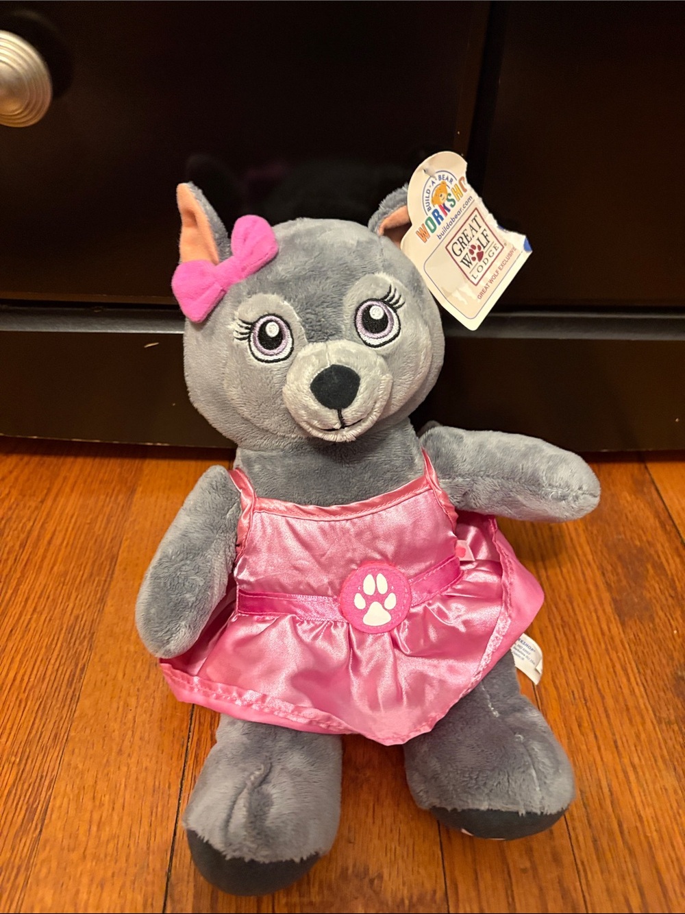Greats Gray Plush Puppy in Pink Dress with Bow